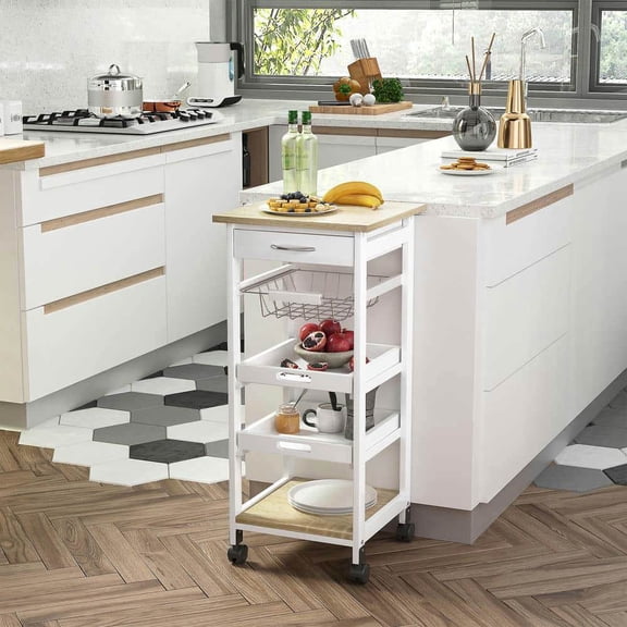 Yardi Yarda Mobile Kitchen Cart with Solid Wood Frame, Rolling Kitchen Island with Storage and Drawer, Utility Cart with Wire Fruit Baskets for Indoor, White