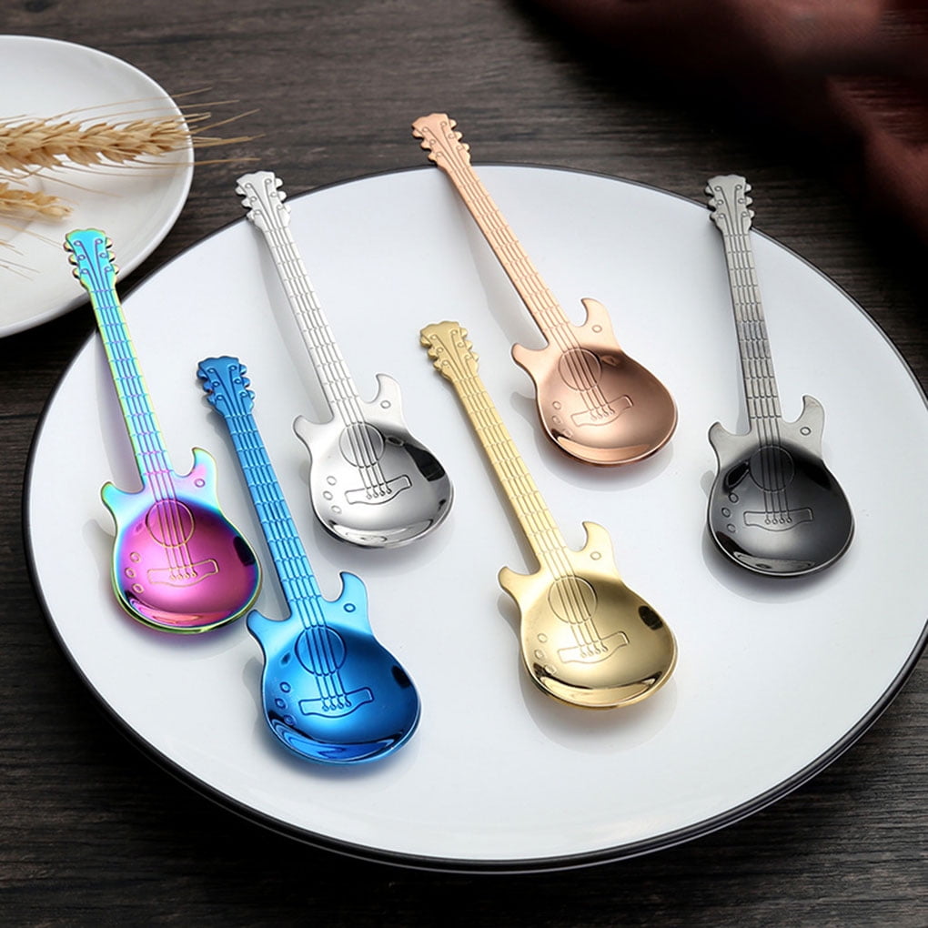 Lidahaotin Stainless Steel Cartoon Guitar Spoon Milk Coffee Ice Cream Candy Dessert Teaspoon for Home Bar Silver