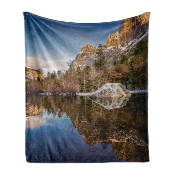 Yosemite Soft Flannel Fleece Blanket, Yosemite Mirror Lake and Mountain Reflection on Water Sunset Evening View Picture, Cozy Plush for Indoor and Outdoor Use, 60" x 80", Navy Brown, by Ambesonne
