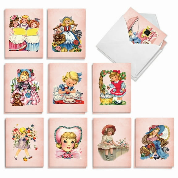 The Best Card Company 20 Assorted Blank Note Cards Boxed Set 4 x 5.12 Inch with Envelopes (10 Designs, 2 Each) Vintage Girls AM10027OCB-B2x10