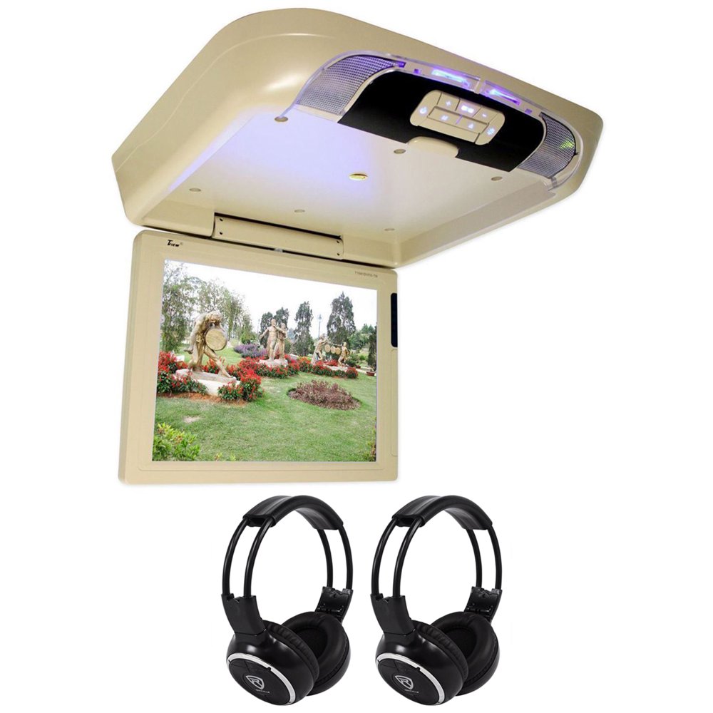 TView T1591DVFD 15" Car Beige Flip Down Car DVD/USB Monitor +2 Wireless