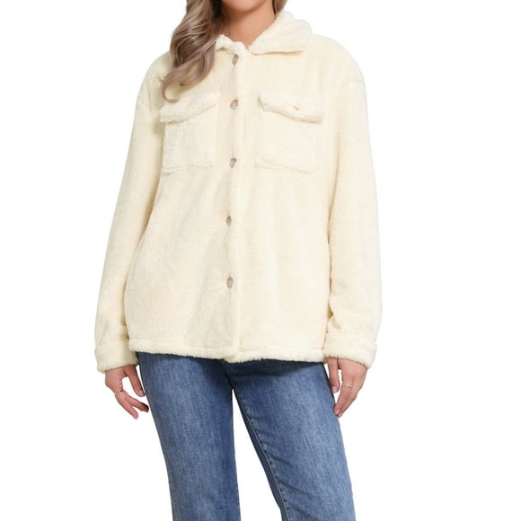 INSPIRE CHIC Faux Fur Coats for Women's Lapel Button Down Fleece Jacket Outerwear L Beige