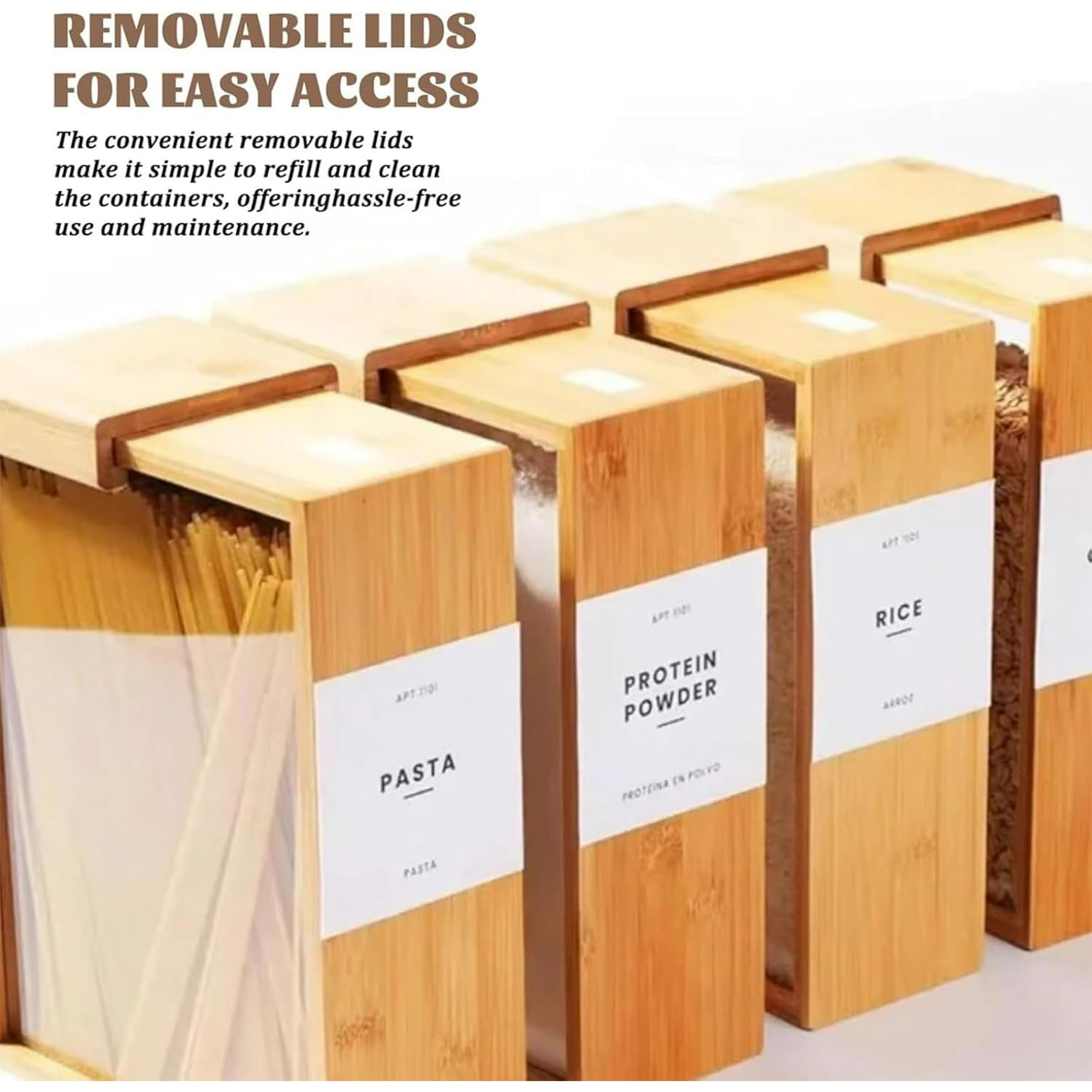 Wooden Cereal Storage Box, Airtight Pantry Bins Container with Lids, Dry Food Dispenser Large Capacity 101oz, for Kitchen, Square Pantry Organization with Labels for Sugar, Nut, Coffee Bean, Tea (3)