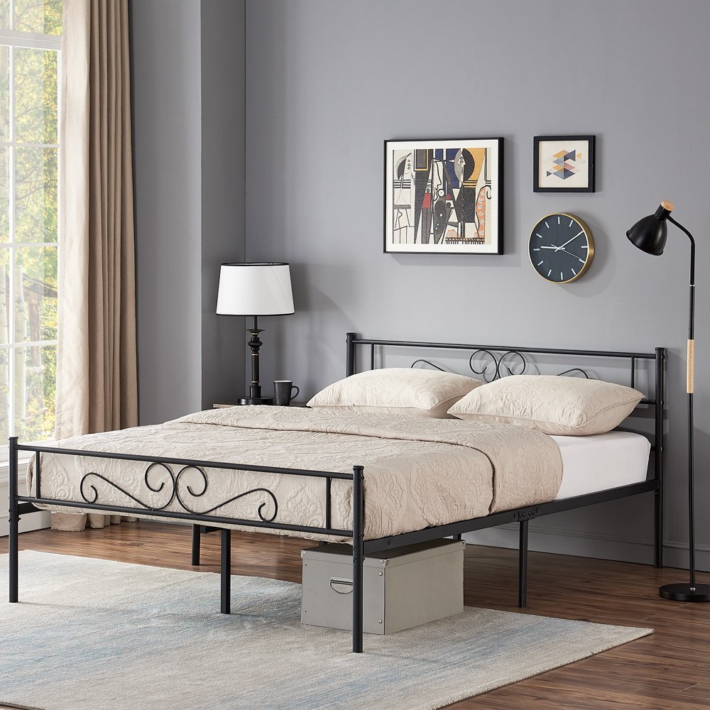 VECELO Metal Platform Bed Frame Slatted Bed Base with Vintage HeadBoard