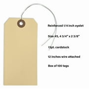 100 Manila Tags #5 with Wire - 4 3/4 x 2 3/8 - Blank Paper Labels with String Metal Wire Attached