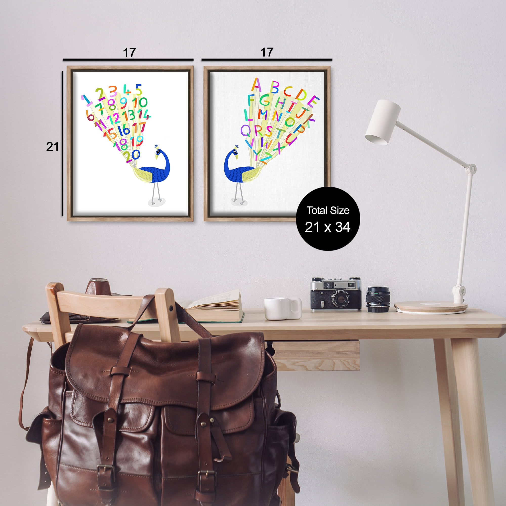 Stupell Industries Peacock Alphabet Numbers Education Painting Brown Floater Framed Canvas Art Print Wall Art, 17 x 21, Set of 2
