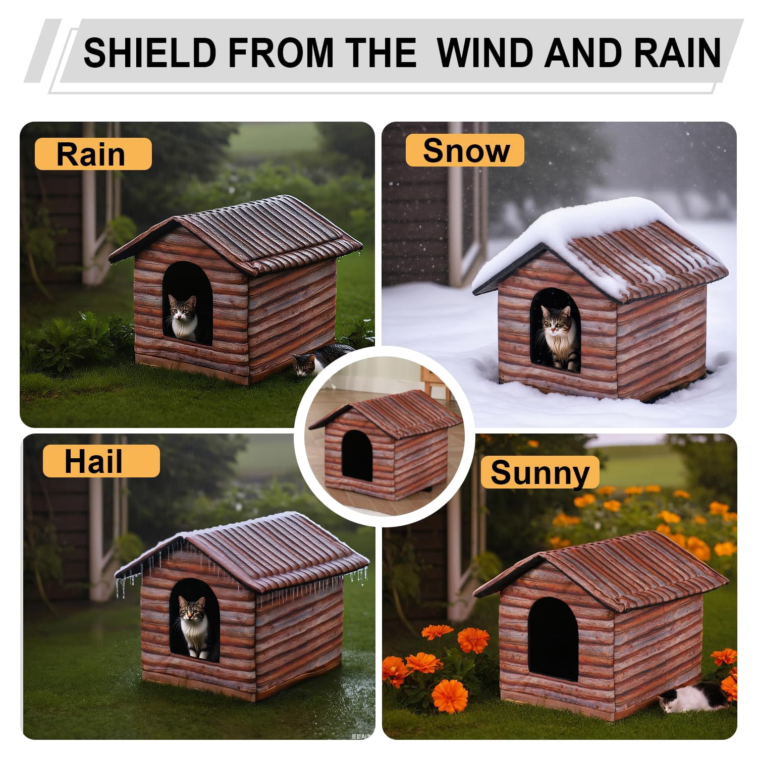 Outdoor Cat House Cat House for Outdoor and Indoor Use - Waterproof Shelter for Cats, Dogs, and Feral Animals (Grey Wood Color, Large)