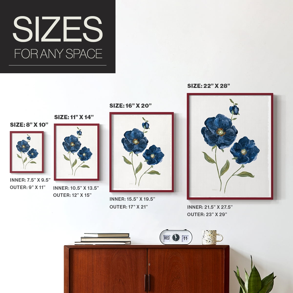 Blue Poppies Framed Print in Red Solid Wood Framed Print No Nail Hanging