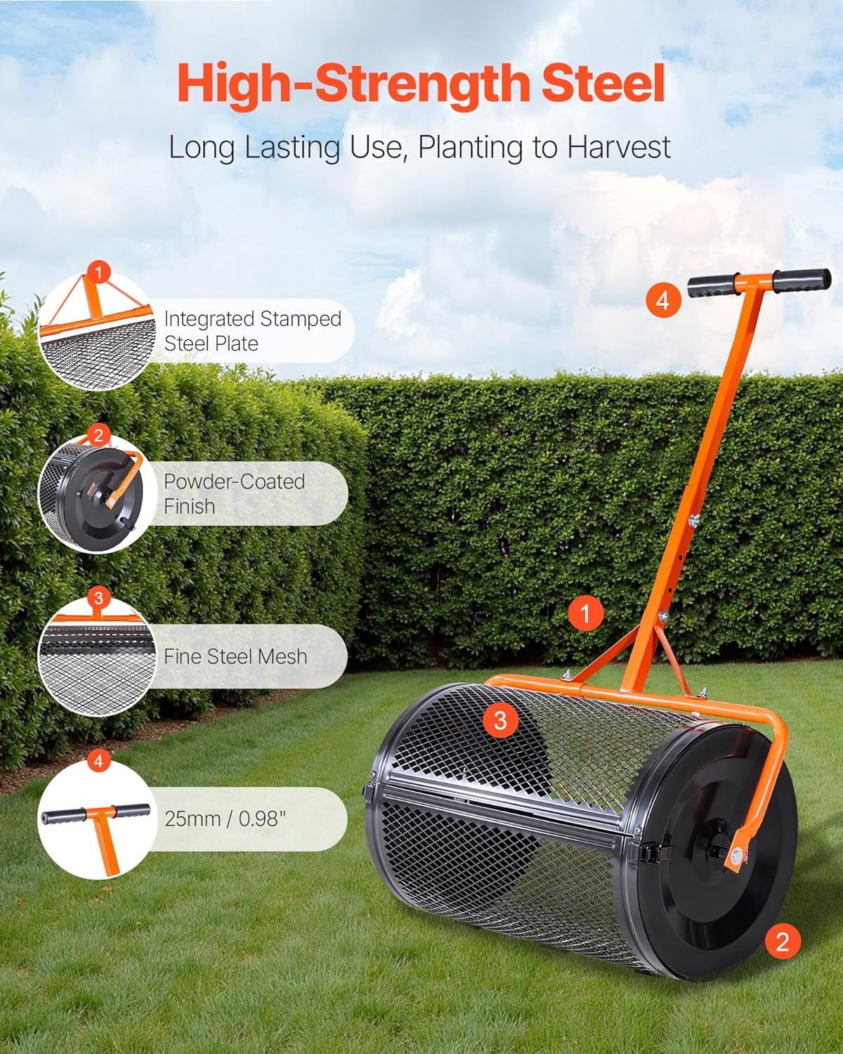 Garden Peat Moss Roller, Compost Spreader, 24 in Wide Heavy Duty Grass Seed Spreaders with T Shaped Handle, 3 Heights Adjustable, Powder-Coated Steel Peat Moss Spreader for Planting Seeding