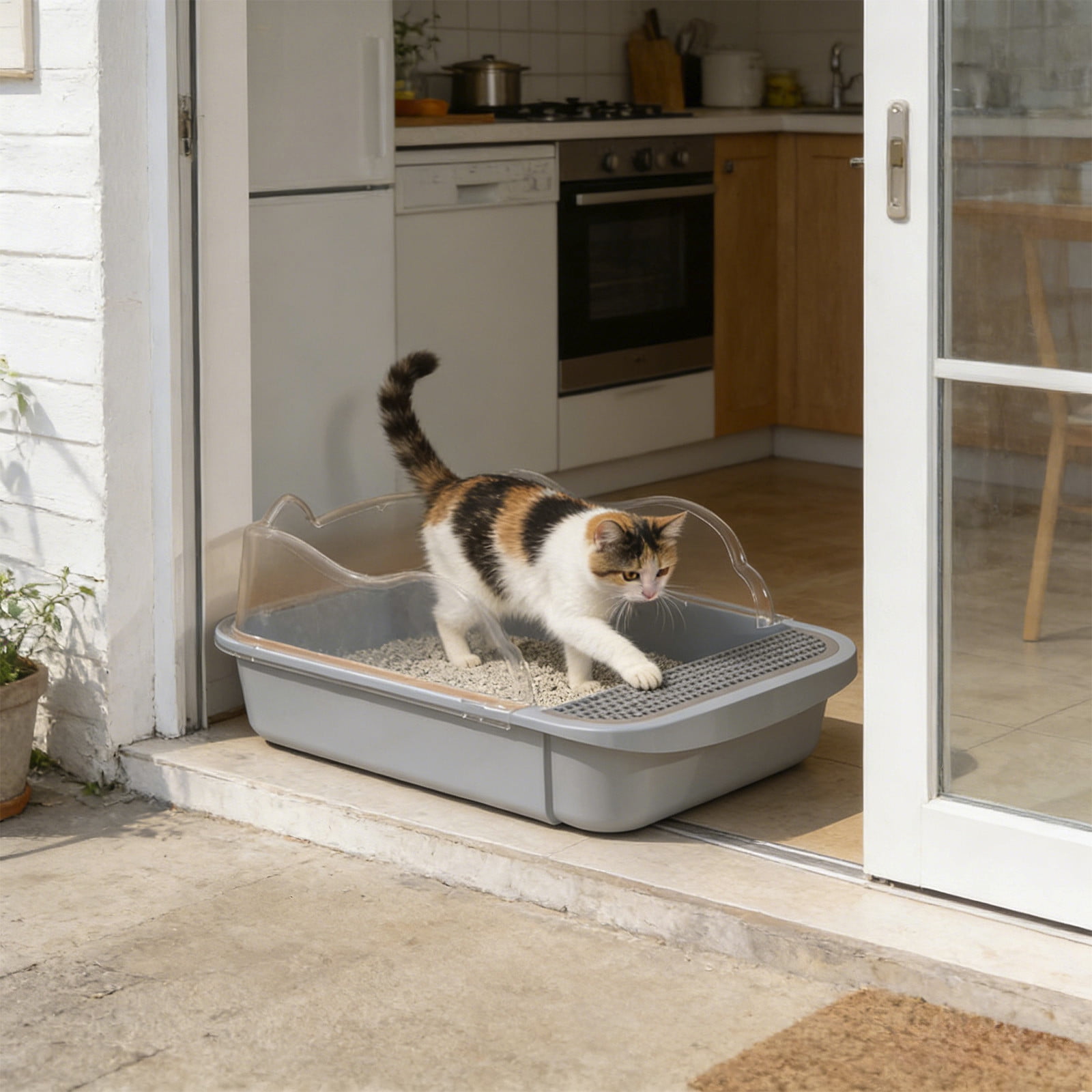 Semi Enclosed High Side Cat Litter Box with Splash Guard, Includes Litter Scoop and Hook, Large Plastic Tray for Indoor Cats, Leak Proof Design Easy to Clean