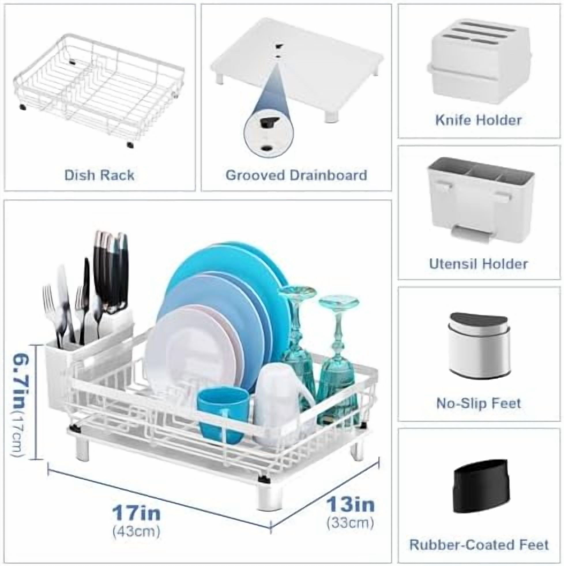 Dish Drying Rack, Dish Rack, Stainless Steel Dish Racks for Kitchen Counter, Dish Drainer with Removable Utensil Holder, Drainboard (White,13''W x 17''L)