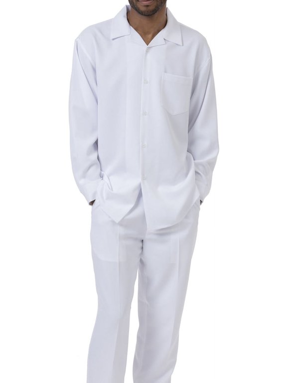 White Solid 2 Piece Walking Suit Long Sleeve Shirt Men's Leisure Suit 1641