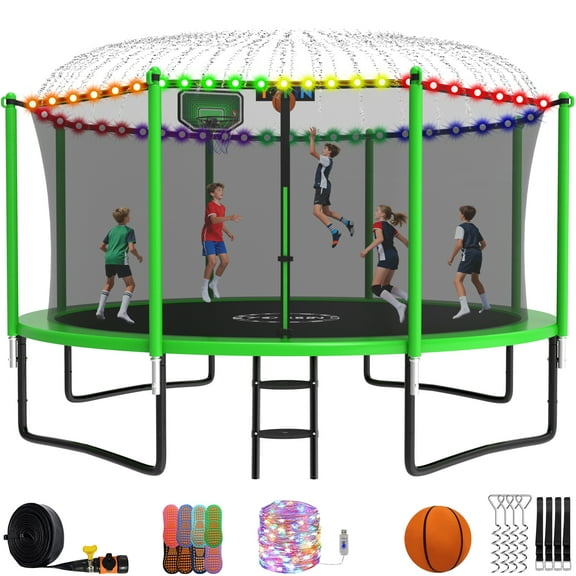YORIN Trampoline with Enclosure Net, 1400LBS 14FT Trampoline for 5-6 Kids Adults with Basketball Hoop, Ladder, Light, Sprinkler, Socks, Outdoor Heavy Duty Recreational Trampoline
