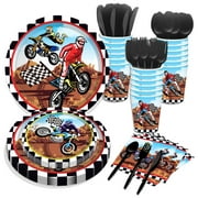 CC HOME Motorcycle Theme Party Supplies Serves 16 Guests Disposable Paper Plates, Napkins, Cups, Forks, Motorcycle Theme Party Tableware Set for Boys
