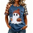 thumbnail image 2 of EANJE Halloween Shirts for Women Cute Ghost Shirt Fall Pumpkin T-Shirt Ghost Pumpkin Graphic Tees Casual Plaid Splice Short Sleeve Tops Blue L, 2 of 5