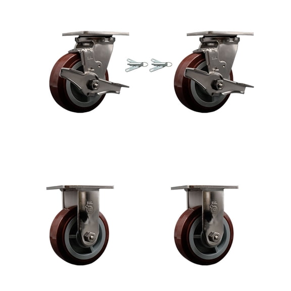 5 Inch 316SS Polyurethane Caster Set with 2 Brakes/Swivel Locks 2 Rigid SCC
