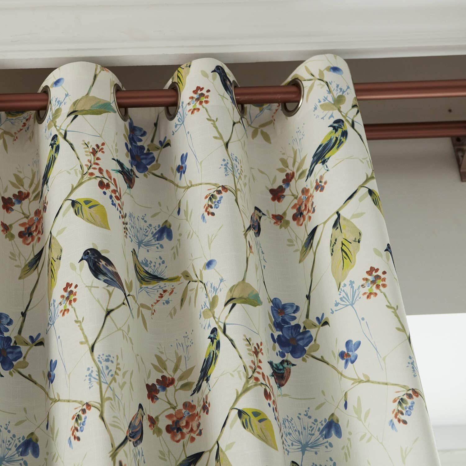VOGOL Linen Grommet Blackout Curtains, Birds and Flower Print Window Panels for Bedroom Living Room, One Panel, W52xL63, Blue