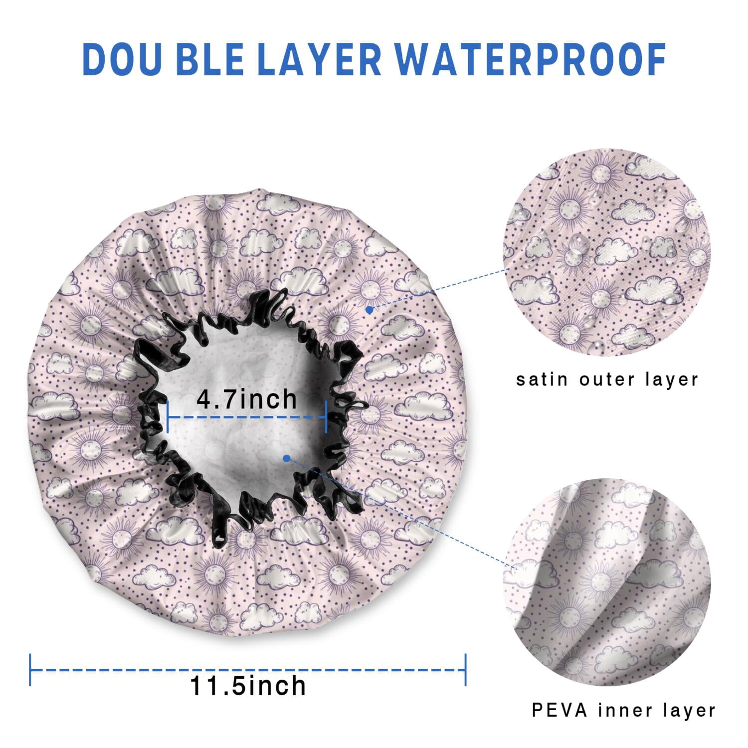 Shower Caps,Pink Purple Sun Cloud Pattern Waterproof Shower Cap for Women 4 Pieces,Double Reusable Hair Cover for Shower PEVA Elastic Stretch Hem