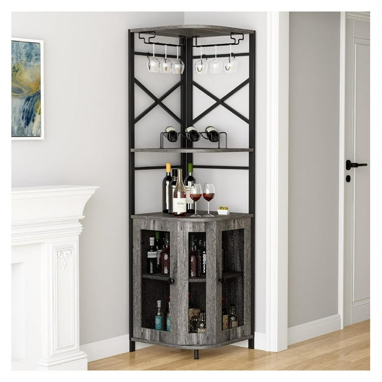 Bar Cabinet w/Wine Rack and Glass Holder, Corner Cabinet with Mesh