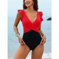 thumbnail image 3 of V Neck One Piece Monkini Swimsuit for Womens Tummy Control Ruched Bath Suit High Cut Swimwear, 3 of 6