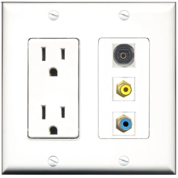 RiteAV - 15 Amp Power Outlet 1 Port RCA Yellow 1 Port RCA Blue 1 Port Toslink Decorative Wall Plate