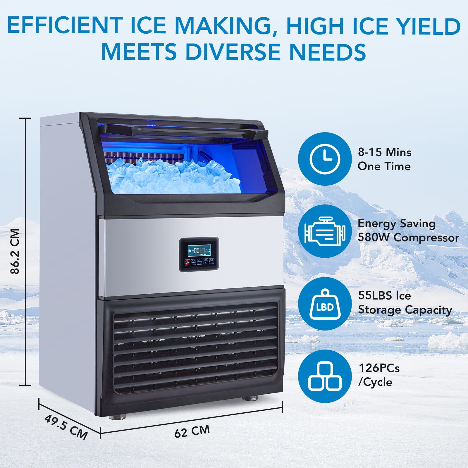 High Capacity Commercial Ice Maker Machine – 265lbs/24H Output, 55lbs Storage – Stainless Steel, Quiet, Energy Efficient, Freestanding Undercounter, LED Display – Silver Black
