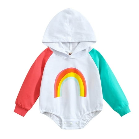 

CNGELG Baby Boy Girl Fall Clothes Hooded Sweatshirt Rainbow Romper Long Sleeve Color Patchwork Bodysuit Cute Outfits
