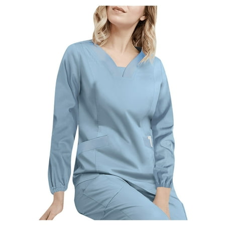 

Women Scrubs Top Nurses Clothing Working Uniform Top Care Workwear Long Sleeve V-Neck Pocket Printed T-Shirt Fashion T-Shirt With Pocket Solid Color Tops