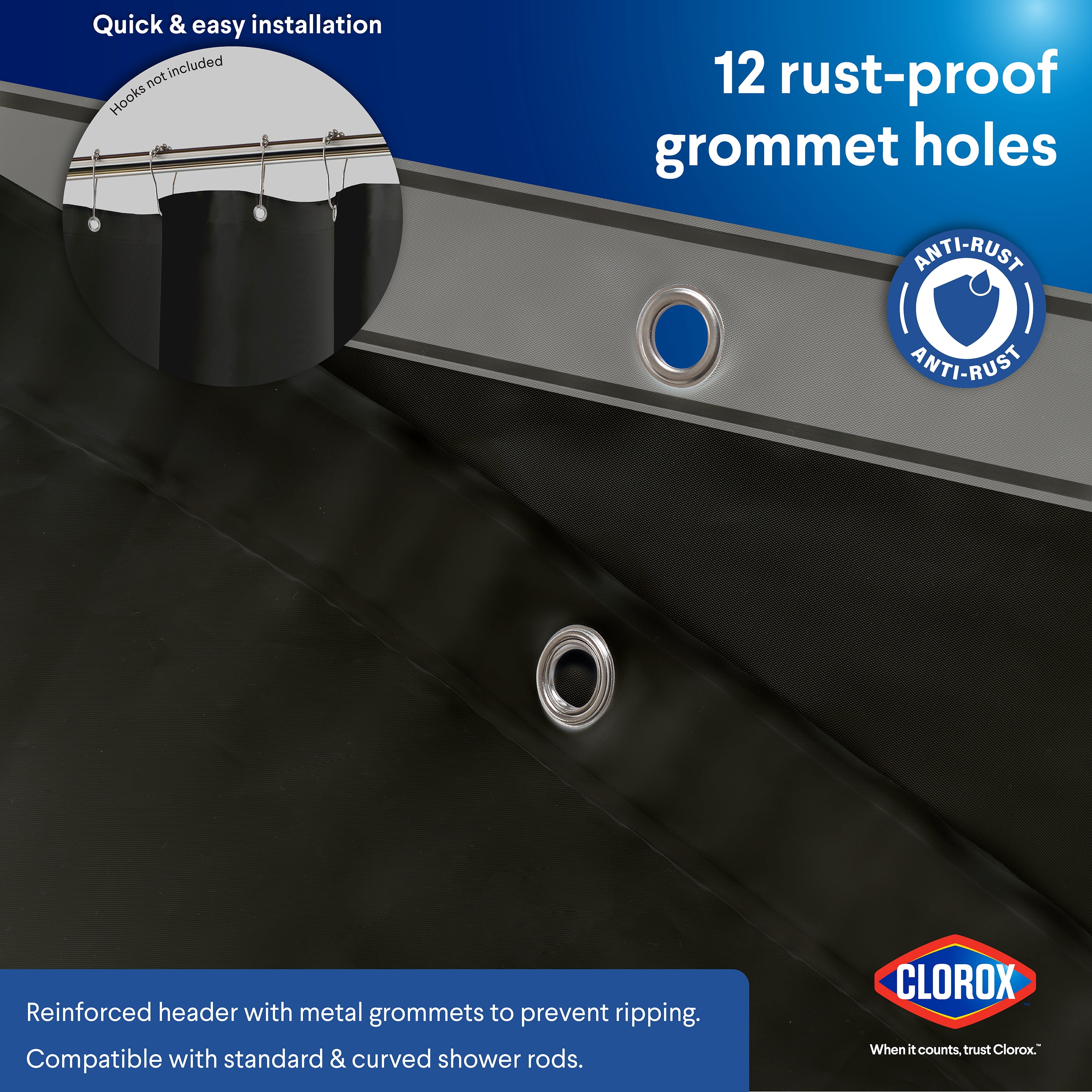 Clorox Shower Curtain Liner, Waterproof 6g PEVA w Magnets, Standard 72" x 72", Black 1 Pack
