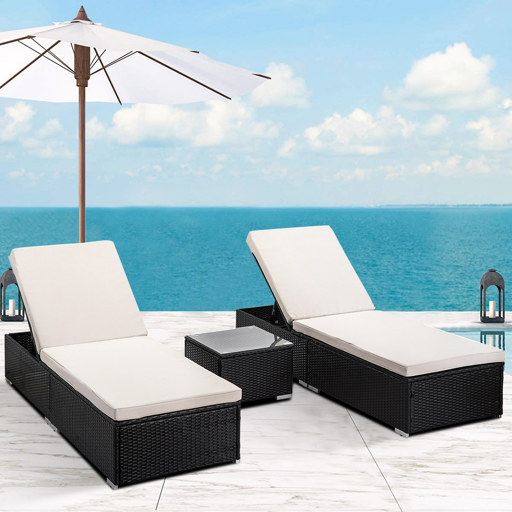 3-Piece Outdoor Patio Furniture Set Chaise Lounge, Patio Reclining Rattan Lounge Chair Chaise Couch Cushioned with Glass Coffee Table, Adjustable Back and Feet, Lounger Chair for Pool Garden - image 1 of 8