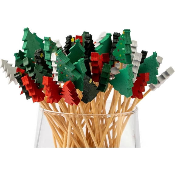 100/200 Pcs 5in Christmas Tree Cocktail Picks 5 Kind of Bamboo Cocktail Toothpicks Fruit Food Appetizer Charcuterie Skewers Dessert Dinner for Christmas Party Decorations