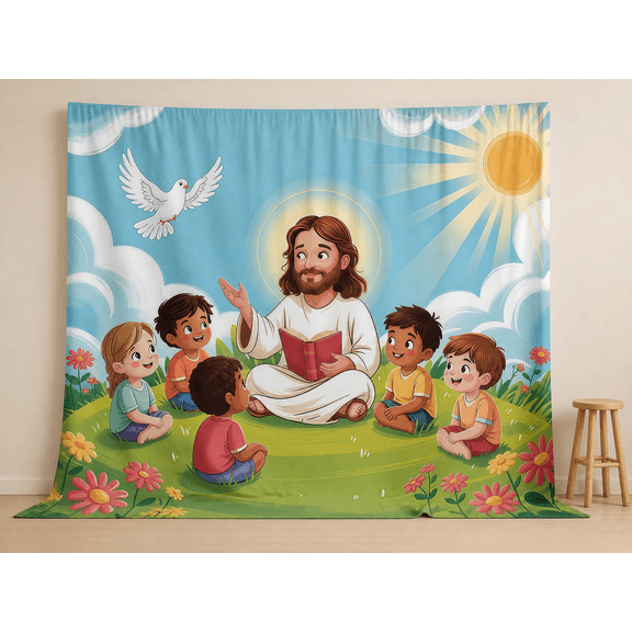 Cartoon Jesus Teaching Children Sunday School Photography Backdrop