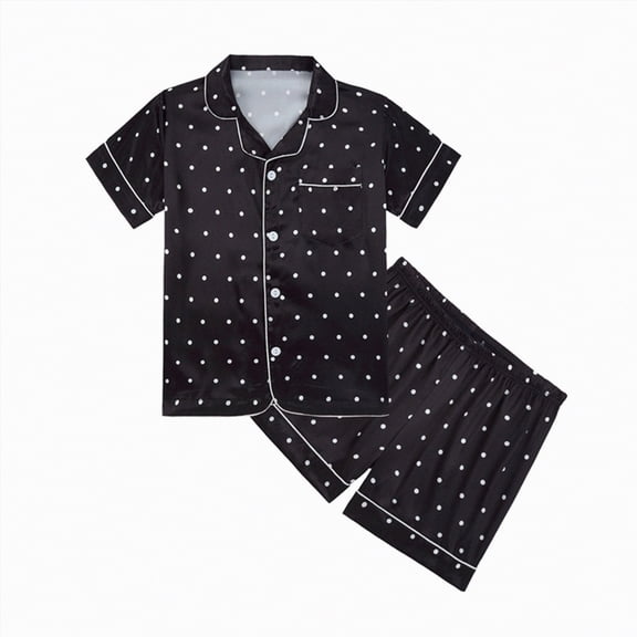 WUANDIXFA Cute Pajamas for Girls Pajamas Silk PJS Set Satin Sleepwear Short Sleeve Jammies for Kids Button Down Nightwear 13-14 Years,Black