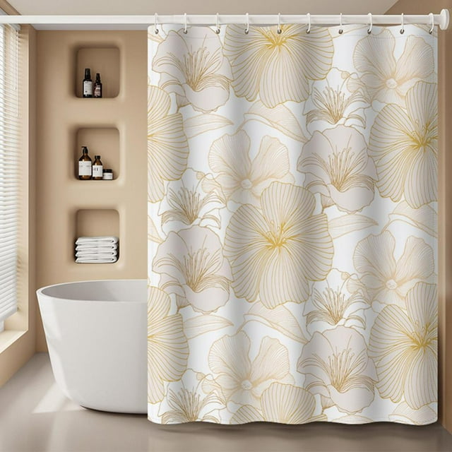 Esaierr Gold White Flower Decoration Fashion Polyester Fabric Waterproof Shower Curtain