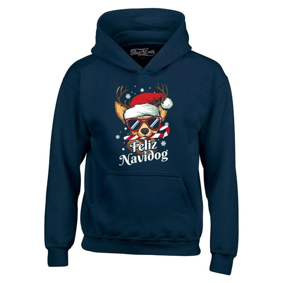 Shop4Ever Men's Feliz Navidog Navidad Dog Santa Chihuahua Hooded Sweatshirt Hoodie X-Large Navy
