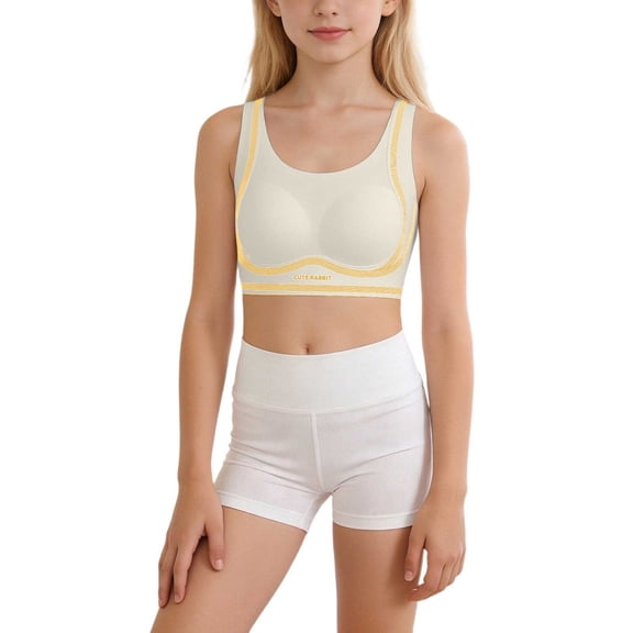 Girls' Seamless Bra Student Shock Absorbing Puberty Underwear Sports Tank Top Beige 13 Y-14 Y