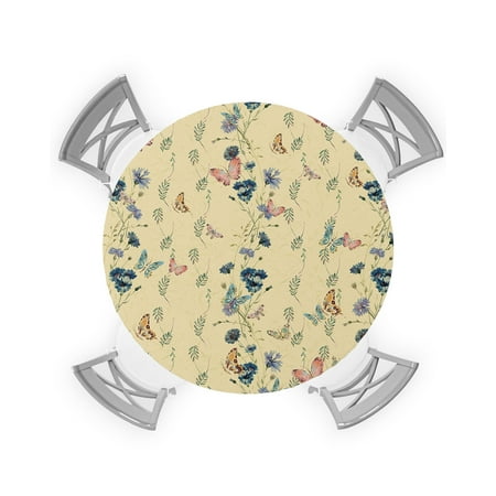 

Round Tablecloth with Elastic Retro Flowers Floral with Leaves Butterfly Yellow Waterproof Stain-proof Table Cover Wipeable Fitted Table Cloths for 45 -54 Round Tables Dining Kitchen