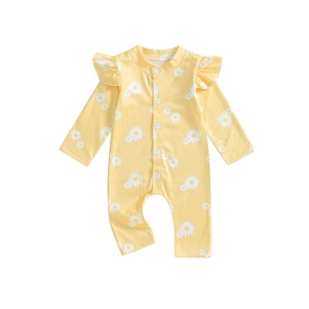 

Loliuicca Baby Girls Button Romper Daisy Print Ruffles Long Sleeve Jumpsuits