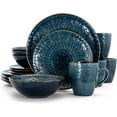 thumbnail image 1 of Elama Round Stoneware Embossed Dinnerware Dish Set, 16 Piece, Sea Blue with Brown Trim, 1 of 9