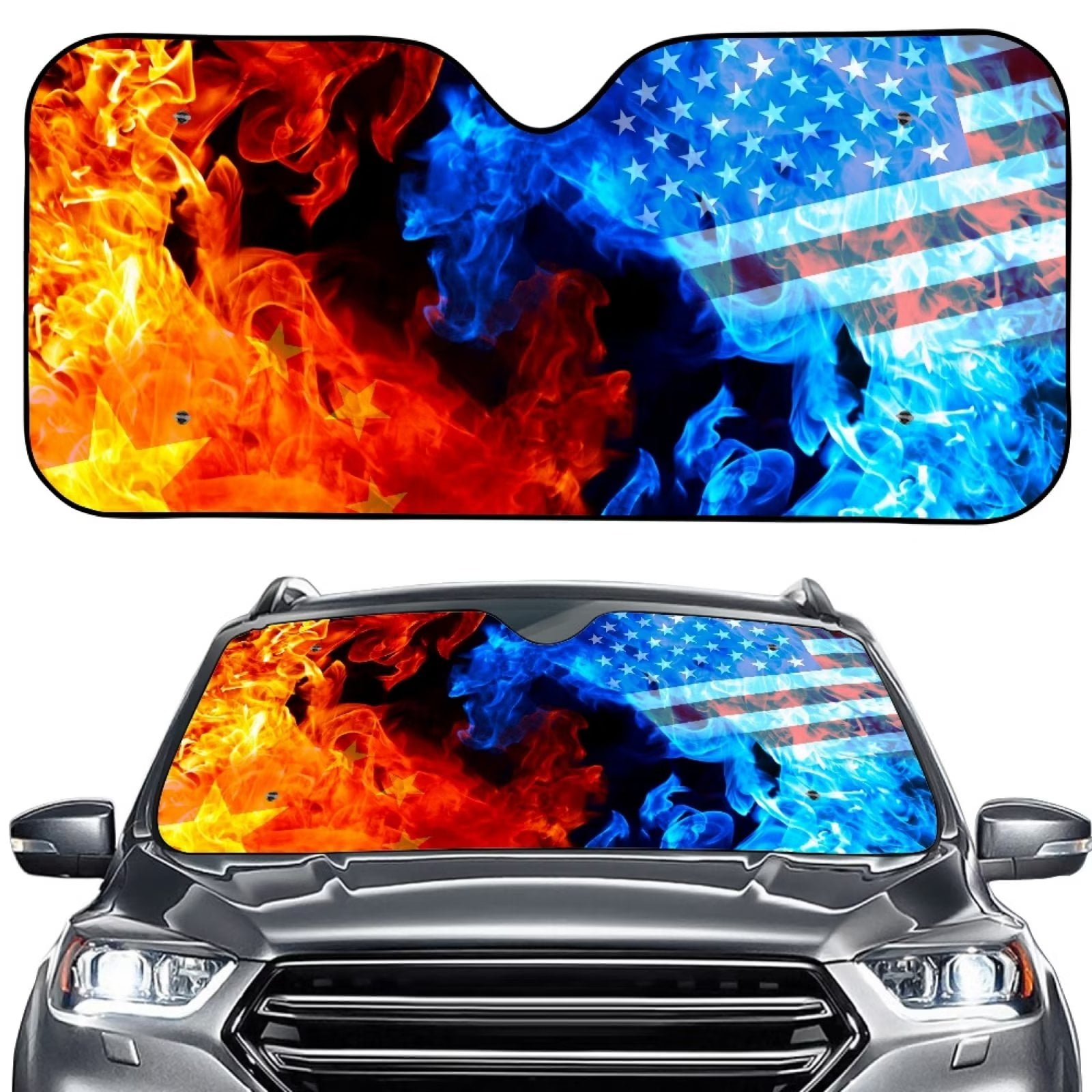 NETILGEN Blue and Red Neon American Flag Pattern Car Sunshade Fit SUV