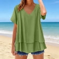 thumbnail image 4 of Dvprdro Womens Short Sleeve Blouses with Layered Hem Cotton Linen Solid V Neck Casual Loose Fit Tops, 4 of 8
