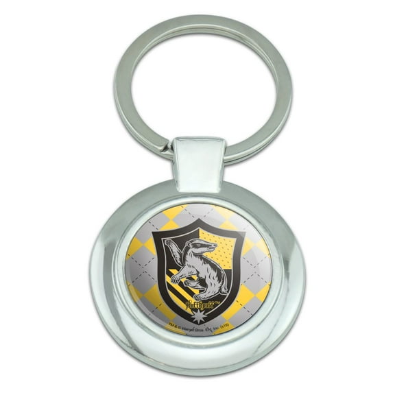 Harry Potter Hufflepuff Plaid Sigil Keychain Classy Round Chrome Plated Metal