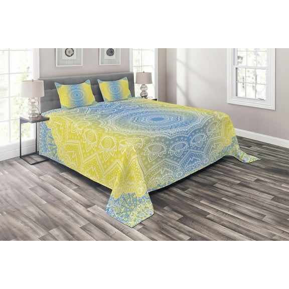 Ambesonne Blue and Yellow Quilted Coverlet 3 Pcs, Hippie Ombre, Queen Size, Blue Yellow