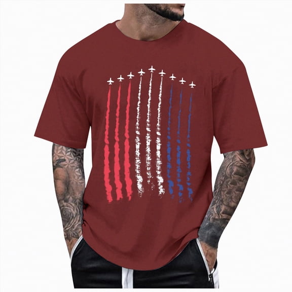 mgoYE Mens AirForce Patriotic Shirts American Flag T-Shirt 4th of July Short Sleeve USA Memorial Day Tee Tops Wine 2XL