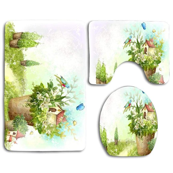 GOHAO Beautiful Art Painting Bird and Flower Style 3 Piece Bathroom Rugs Set Bath Rug Contour Mat and Toilet Lid Cover