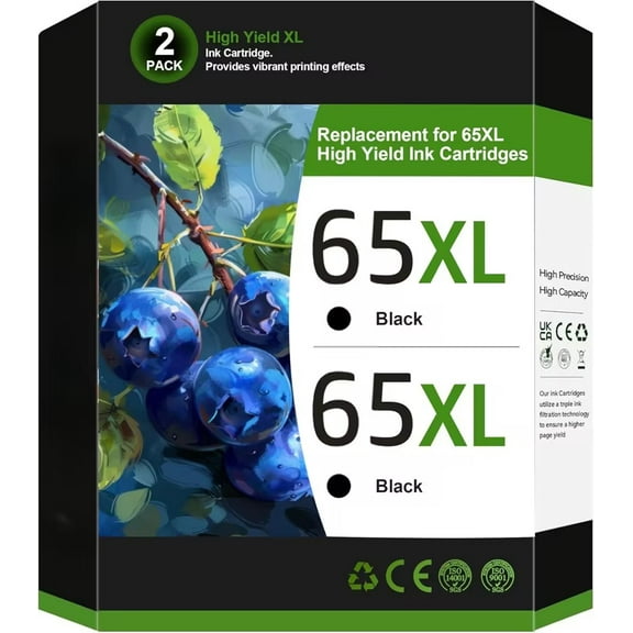 65 Black Ink Cartridge Compatible for HP ink 65 XL 65XL for DeskJet 3752 3772 3755 Envy 5055 5010 5020 Printer (2 Black)