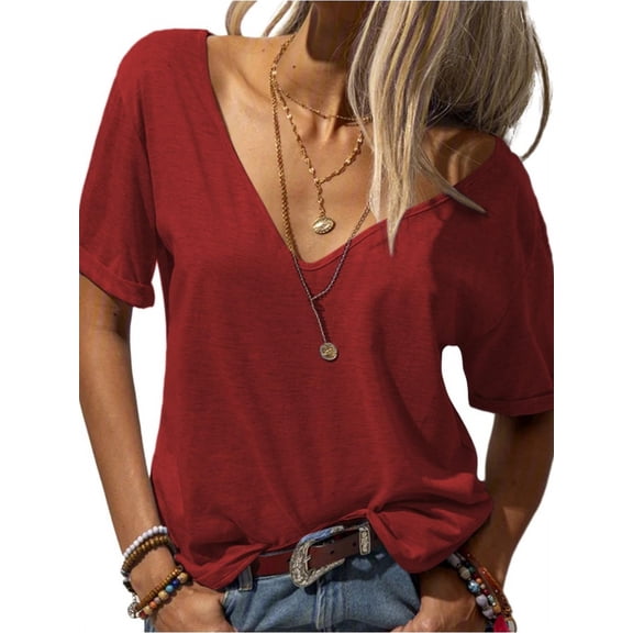 Solid Color V-Neck Women Short Sleeve Loose T-Shirt