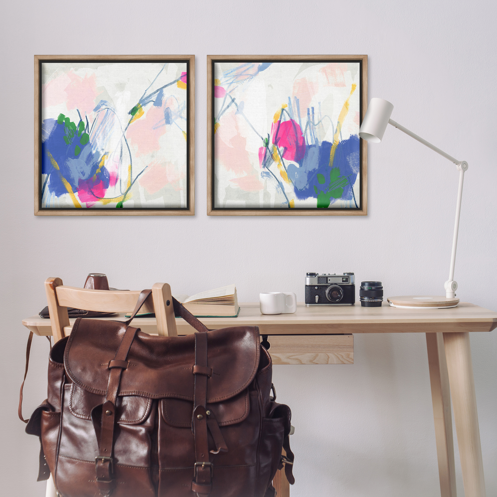 Stupell Industries Pink Blue Pop Abstract Abstract Painting Brown Floater Framed Canvas Art Print Wall Art, 25 x 25, Set of 2