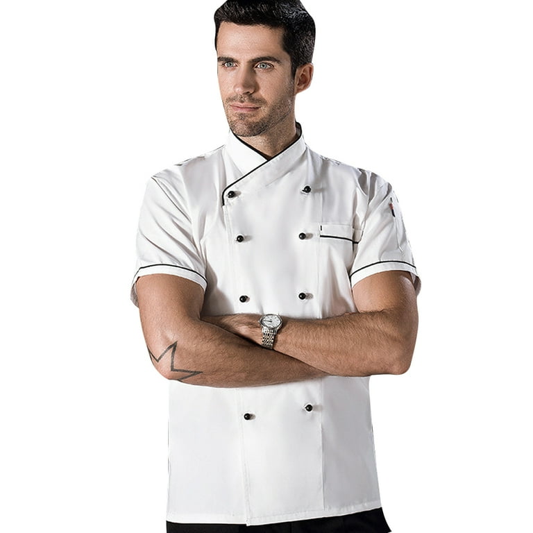 FANCY Kitchen Chef Coats Double breasted Short Sleeve Working Clothes Kitchen Chefs Wear Cook Works Clothing for Restaurant Hotel Use White XXL