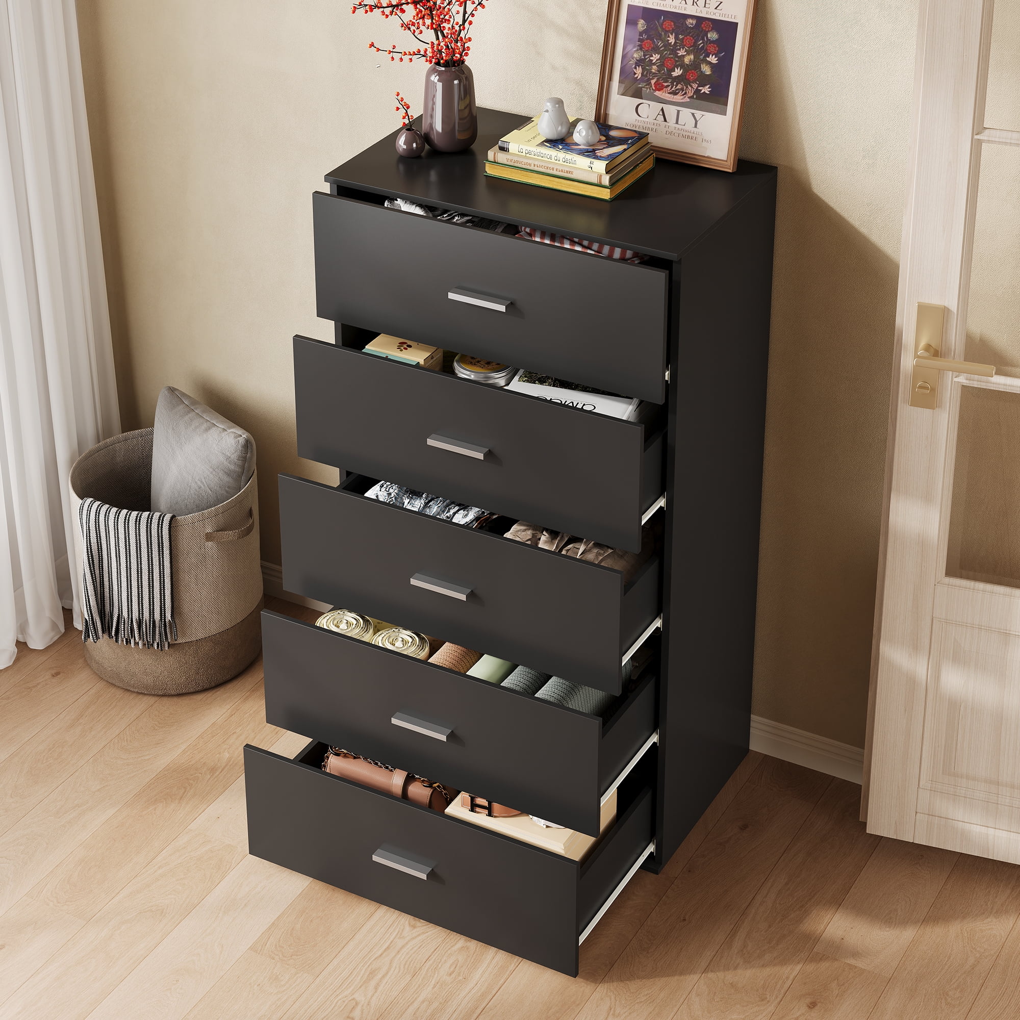 GALAXHERO 5 Drawers Dresser, Chest of Drawers for Bedroom, Tall Wood Storage Cabinet with Metal Handle for Living Room, Closet, Hallway, Black